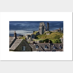 Corfe Castle, Dorset, UK, Over the Village Rooftops Posters and Art